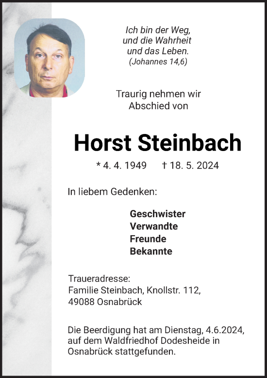 Traueranzeige von Horst Steinbach von Neue Osnabrücker Zeitung GmbH & Co. KG