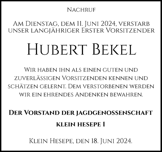Traueranzeige von Hubert Bekel von Neue Osnabrücker Zeitung GmbH & Co. KG