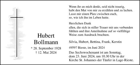Traueranzeige von Hubert Bollmann von Neue Osnabrücker Zeitung GmbH & Co. KG
