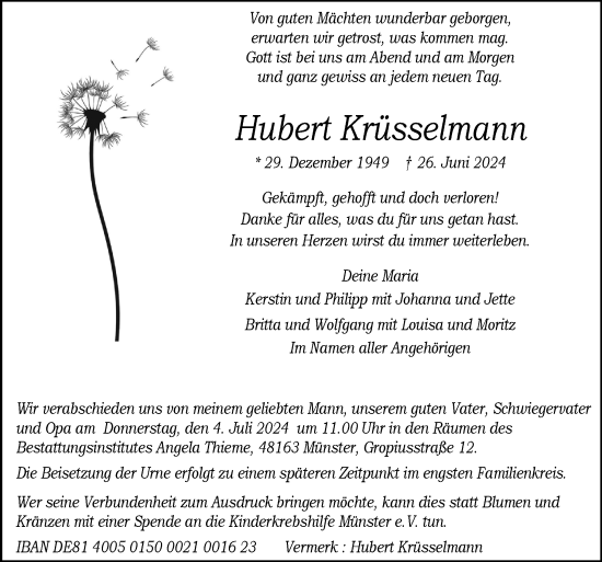 Traueranzeige von Hubert Krüsselmann von Neue Osnabrücker Zeitung GmbH & Co. KG