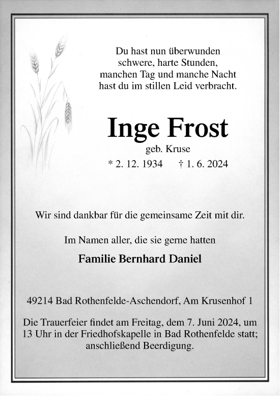 Traueranzeige von Inge Frost von Neue Osnabrücker Zeitung GmbH & Co. KG
