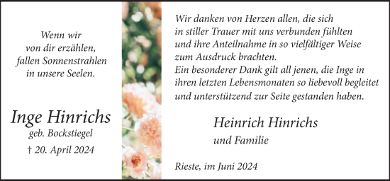 Traueranzeige von Inge Hinrichs von Neue Osnabrücker Zeitung GmbH & Co. KG