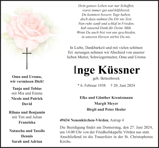 Traueranzeige von Inge Küssner von Neue Osnabrücker Zeitung GmbH & Co. KG