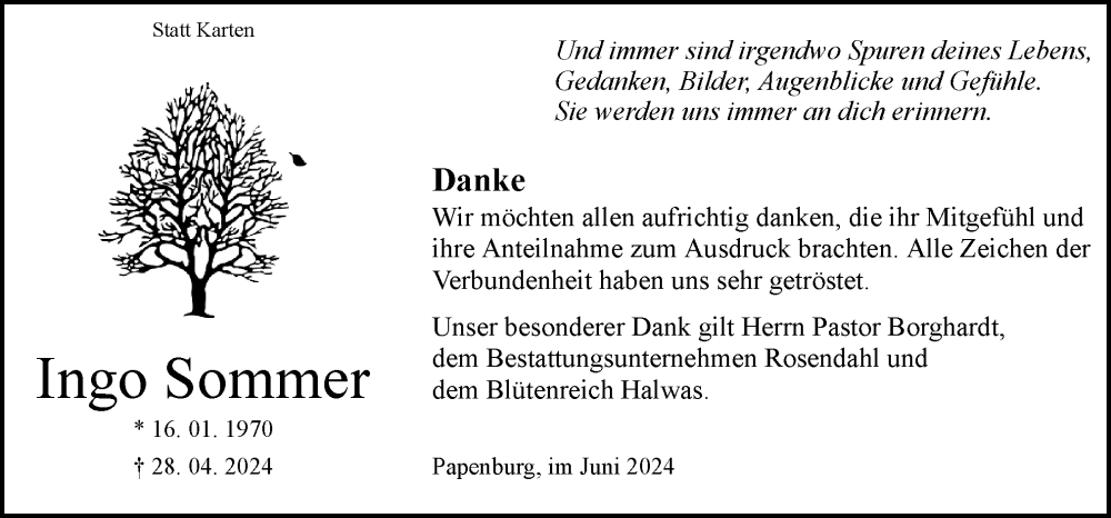  Traueranzeige für Ingo Sommer vom 29.06.2024 aus Neue Osnabrücker Zeitung GmbH & Co. KG