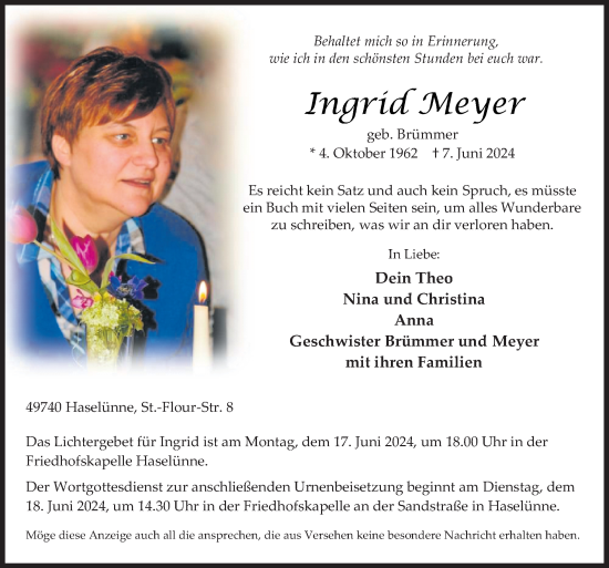 Traueranzeige von Ingrid Meyer von Neue Osnabrücker Zeitung GmbH & Co. KG