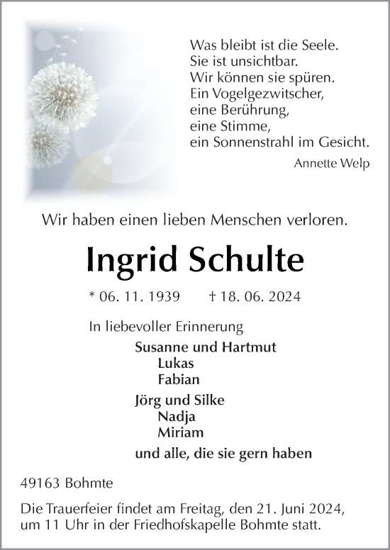 Traueranzeige von Ingrid Schulte von Neue Osnabrücker Zeitung GmbH & Co. KG