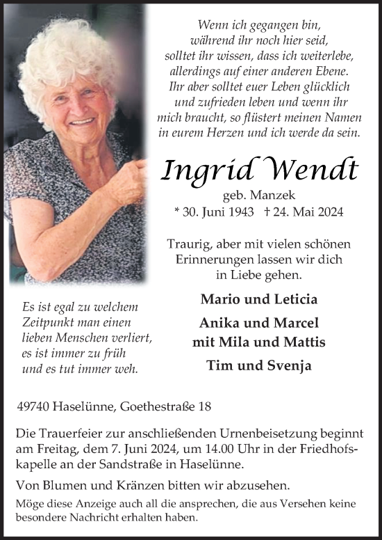 Traueranzeige von Ingrid Wendt von Neue Osnabrücker Zeitung GmbH & Co. KG