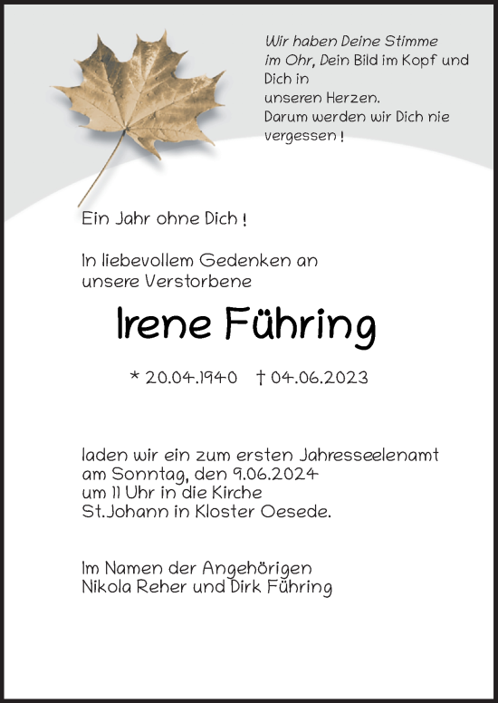 Traueranzeige von Irene Führing von Neue Osnabrücker Zeitung GmbH & Co. KG