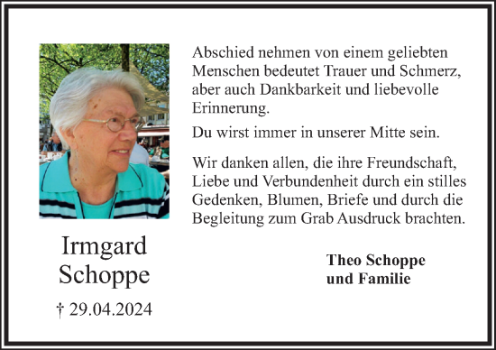 Traueranzeige von Irmgard Schoppe von Neue Osnabrücker Zeitung GmbH & Co. KG