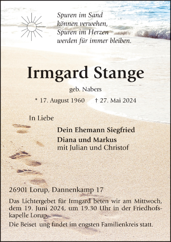 Traueranzeige von Irmgard Stange von Neue Osnabrücker Zeitung GmbH & Co. KG