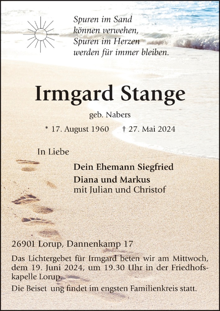  Traueranzeige für Irmgard Stange vom 15.06.2024 aus Neue Osnabrücker Zeitung GmbH & Co. KG