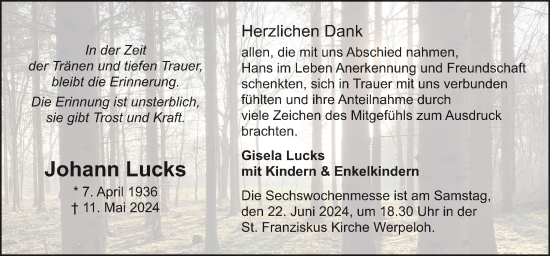 Traueranzeige von Johann Lucks von Neue Osnabrücker Zeitung GmbH & Co. KG