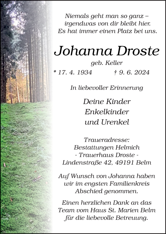 Traueranzeige von Johanna Droste von Neue Osnabrücker Zeitung GmbH & Co. KG