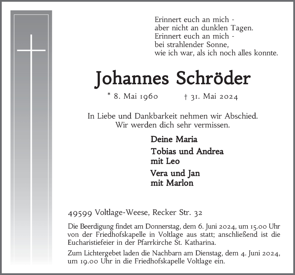  Traueranzeige für Johannes Schröder vom 03.06.2024 aus Neue Osnabrücker Zeitung GmbH & Co. KG