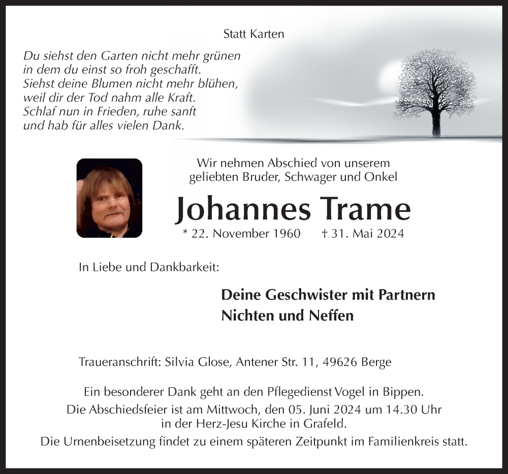  Traueranzeige für Johannes Trame vom 03.06.2024 aus Neue Osnabrücker Zeitung GmbH & Co. KG