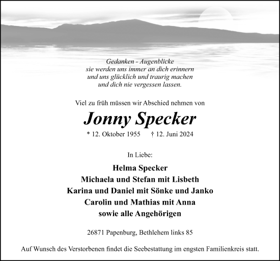 Traueranzeige von Jonny Specker von Neue Osnabrücker Zeitung GmbH & Co. KG