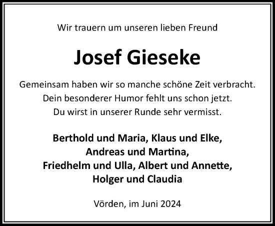 Traueranzeige von Josef Gieseke von Neue Osnabrücker Zeitung GmbH & Co. KG