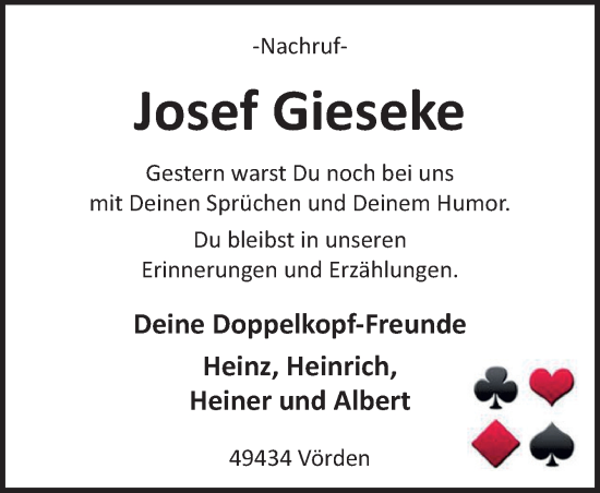 Traueranzeige von Josef Gieseke von Neue Osnabrücker Zeitung GmbH & Co. KG