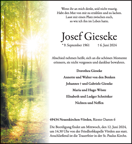 Traueranzeige von Josef Gieseke von Neue Osnabrücker Zeitung GmbH & Co. KG