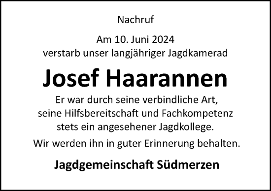 Traueranzeige von Josef Haarannen von Neue Osnabrücker Zeitung GmbH & Co. KG