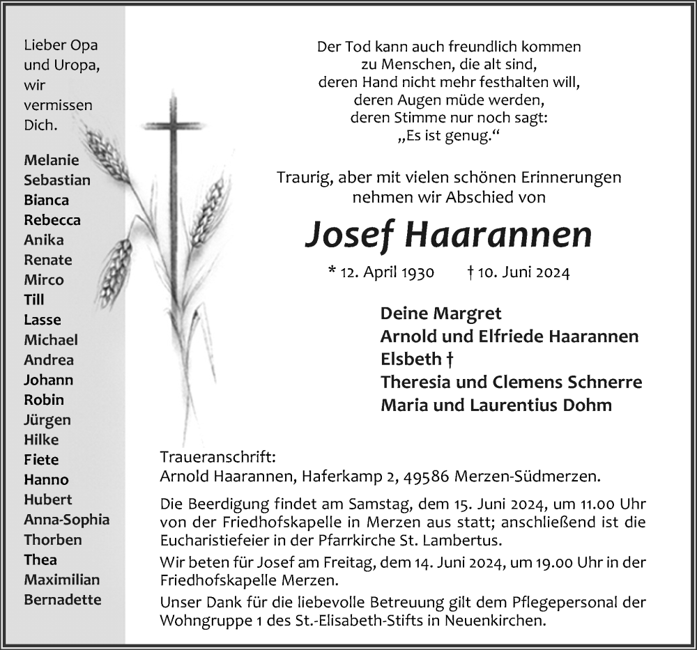  Traueranzeige für Josef Haarannen vom 13.06.2024 aus Neue Osnabrücker Zeitung GmbH & Co. KG