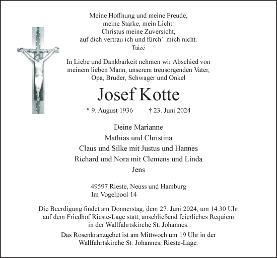 Traueranzeige von Josef Kotte von Neue Osnabrücker Zeitung GmbH & Co. KG