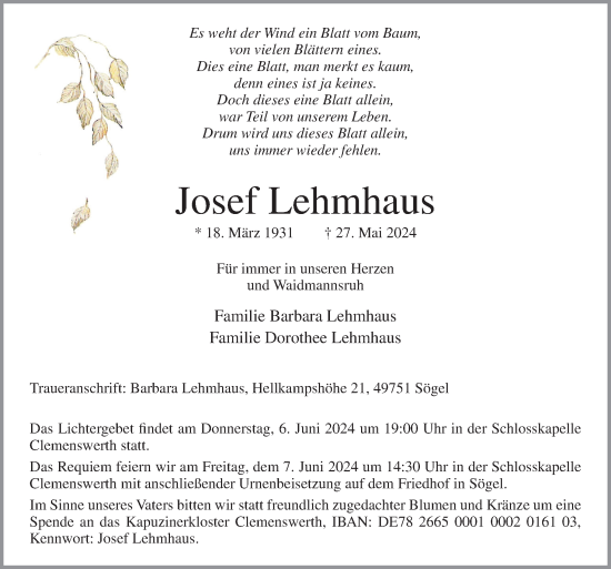 Traueranzeige von Josef Lehmhaus von Neue Osnabrücker Zeitung GmbH & Co. KG