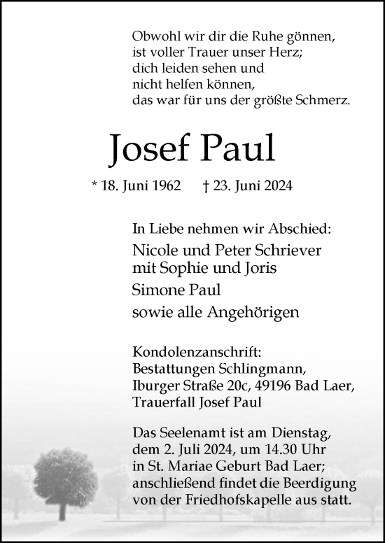 Traueranzeige von Josef Paul von Neue Osnabrücker Zeitung GmbH & Co. KG