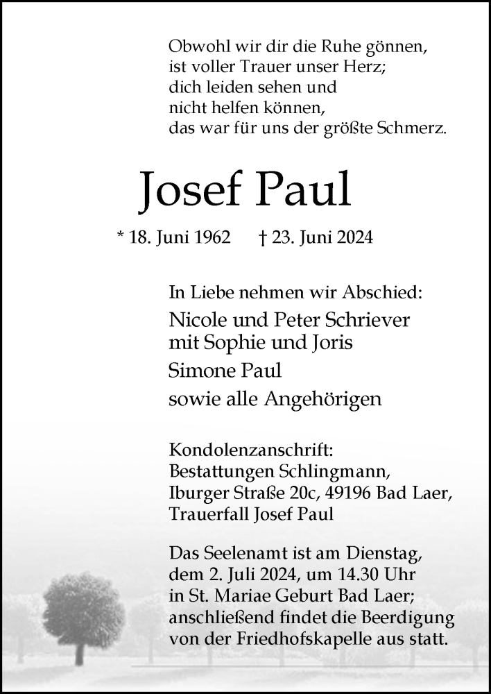  Traueranzeige für Josef Paul vom 29.06.2024 aus Neue Osnabrücker Zeitung GmbH & Co. KG