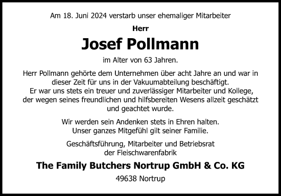 Traueranzeige von Josef Pollmann von Neue Osnabrücker Zeitung GmbH & Co. KG