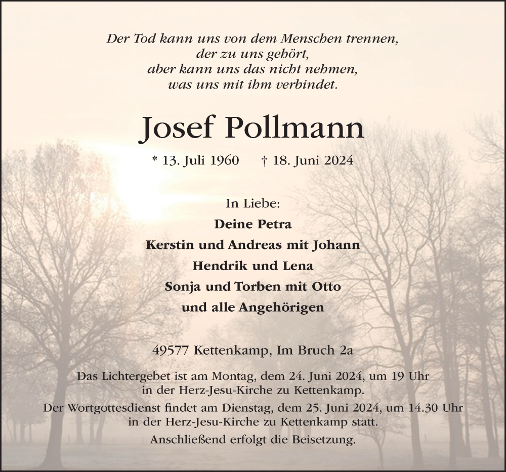  Traueranzeige für Josef Pollmann vom 21.06.2024 aus Neue Osnabrücker Zeitung GmbH & Co. KG