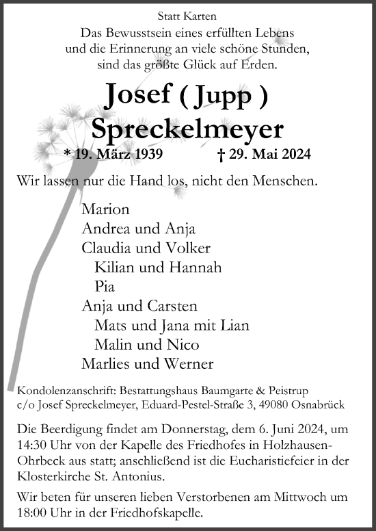 Traueranzeige von Josef Spreckelmeyer von Neue Osnabrücker Zeitung GmbH & Co. KG