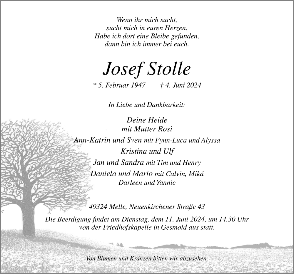  Traueranzeige für Josef Stolle vom 08.06.2024 aus Neue Osnabrücker Zeitung GmbH & Co. KG