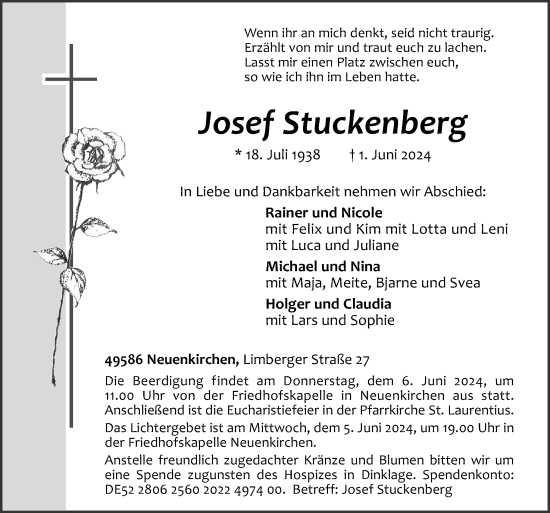 Traueranzeige von Josef Stuckenberg von Neue Osnabrücker Zeitung GmbH &amp; Co. KG