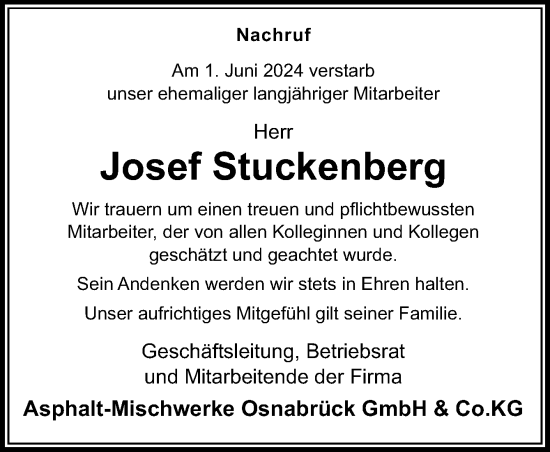 Traueranzeige von Josef Stuckenberg von Neue Osnabrücker Zeitung GmbH & Co. KG