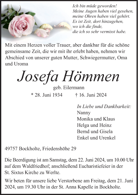Traueranzeige von Josefa Hömmen von Neue Osnabrücker Zeitung GmbH & Co. KG