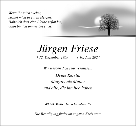 Traueranzeige von Jürgen Friese von Neue Osnabrücker Zeitung GmbH & Co. KG