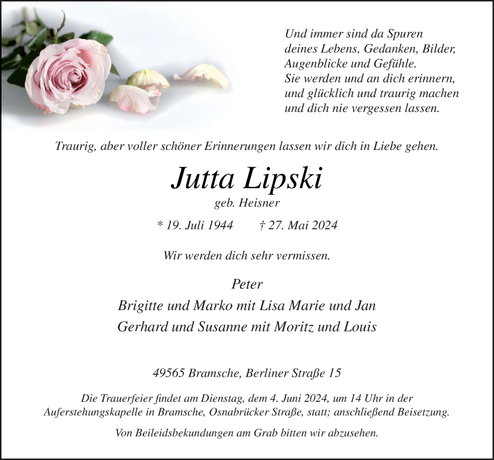  Traueranzeige für Jutta Lipski vom 01.06.2024 aus Neue Osnabrücker Zeitung GmbH & Co. KG
