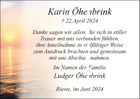 Traueranzeige von Karin Öhenbrink von Neue Osnabrücker Zeitung GmbH & Co. KG