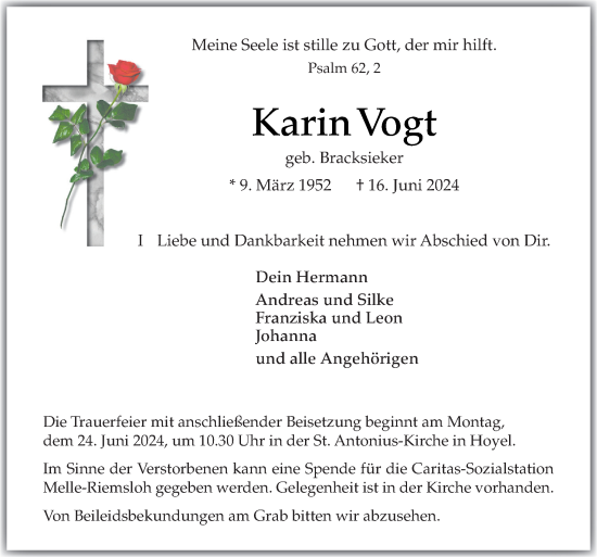 Traueranzeige von Karin Vogt von Neue Osnabrücker Zeitung GmbH & Co. KG