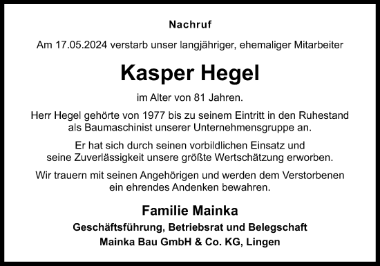 Traueranzeige von Kasper Hegel von Neue Osnabrücker Zeitung GmbH & Co. KG