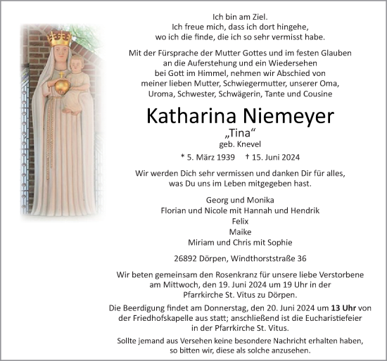 Traueranzeige von Katharina Niemeyer von Neue Osnabrücker Zeitung GmbH & Co. KG