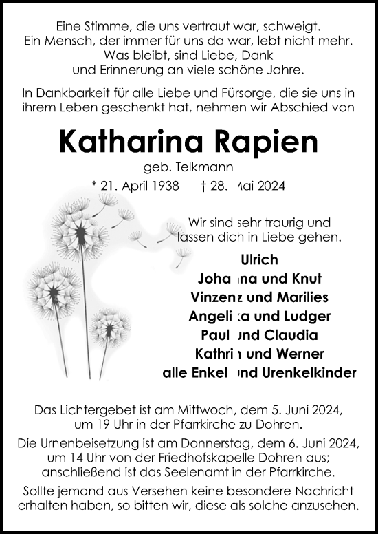 Traueranzeige von Katharina Rapien von Neue Osnabrücker Zeitung GmbH & Co. KG