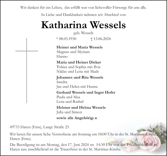 Traueranzeige von Katharina Wessels von Neue Osnabrücker Zeitung GmbH & Co. KG