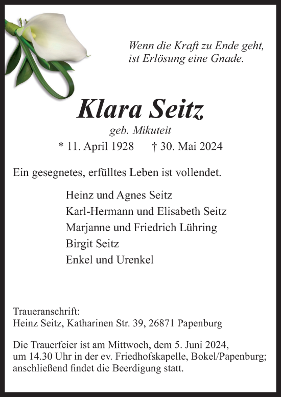 Traueranzeige von Klara Seitz von Neue Osnabrücker Zeitung GmbH & Co. KG