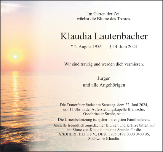 Traueranzeige von Klaudia Lautenbacher von Neue Osnabrücker Zeitung GmbH & Co. KG