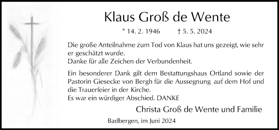 Traueranzeige von Klaus Groß de Wente von Neue Osnabrücker Zeitung GmbH & Co. KG