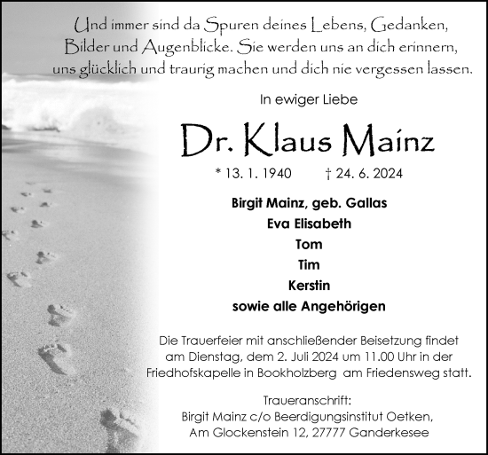 Traueranzeige von Klaus Mainz von DK Medien GmbH & Co. KG