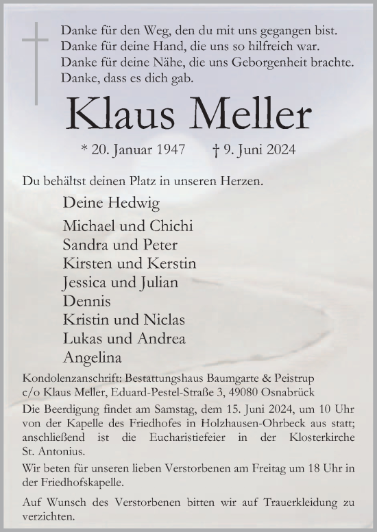 Traueranzeige von Klaus Meller von Neue Osnabrücker Zeitung GmbH & Co. KG