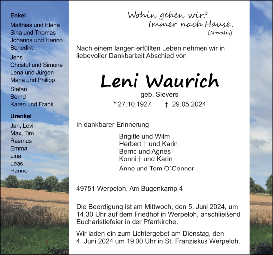 Traueranzeige von Leni Waurich von Neue Osnabrücker Zeitung GmbH & Co. KG